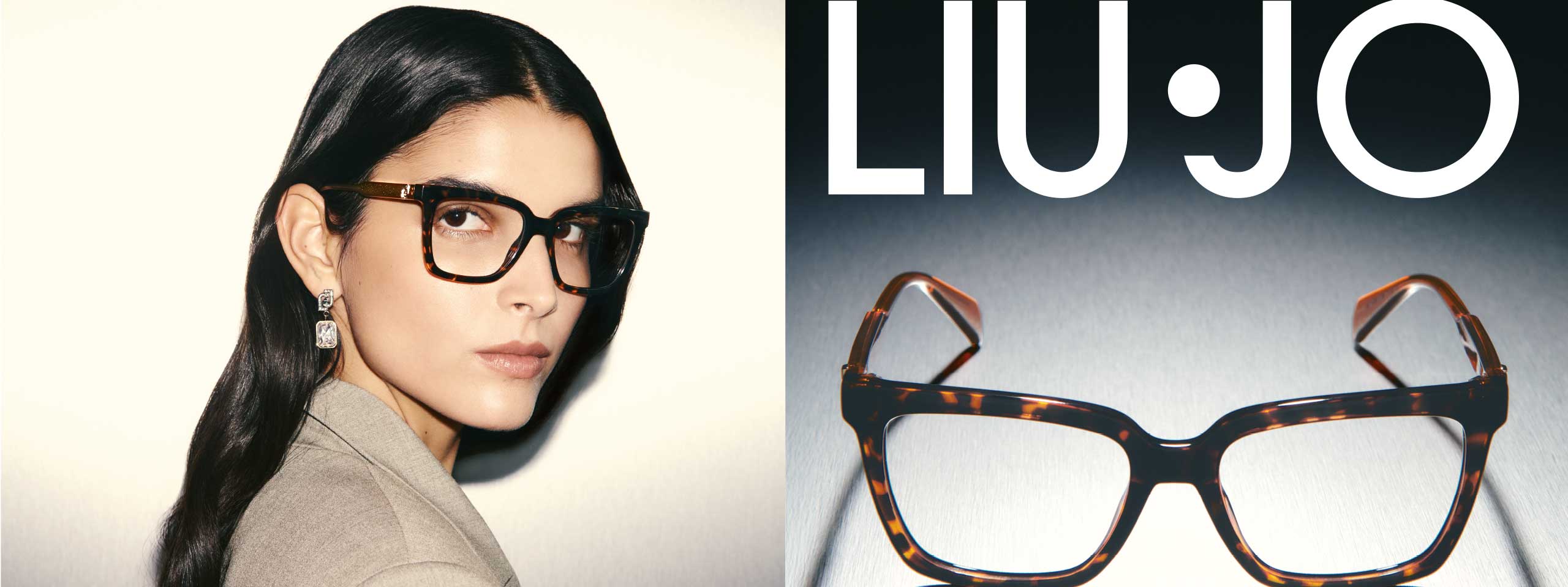 Liu Jo: Linke Bildseite zeigt eine Frau mit Brille; Rechte Bildseite zeigt eine Brille